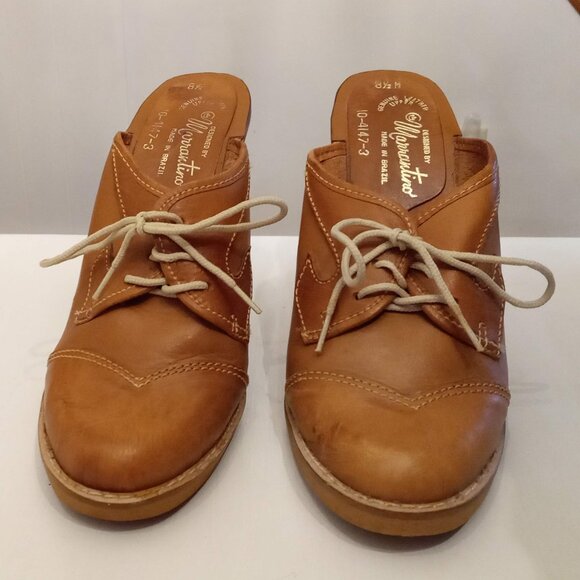 Marrantino Leather Clogs Lace Up Wooden High Heels 70s VTG Brazil Made 8.5 Shoes - Picture 2 of 6